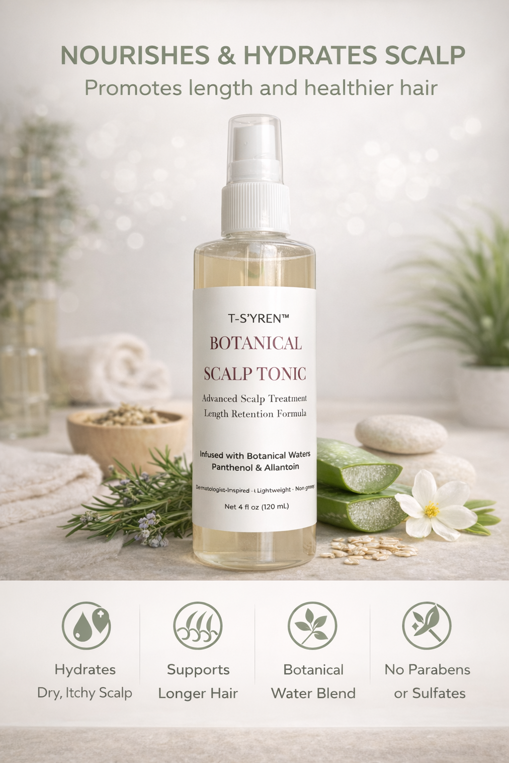 Botanical Scalp Tonic Spray for Hair Growth _ Rosemary, PepPermint, Biotin, Lightweight, Non-Greasy